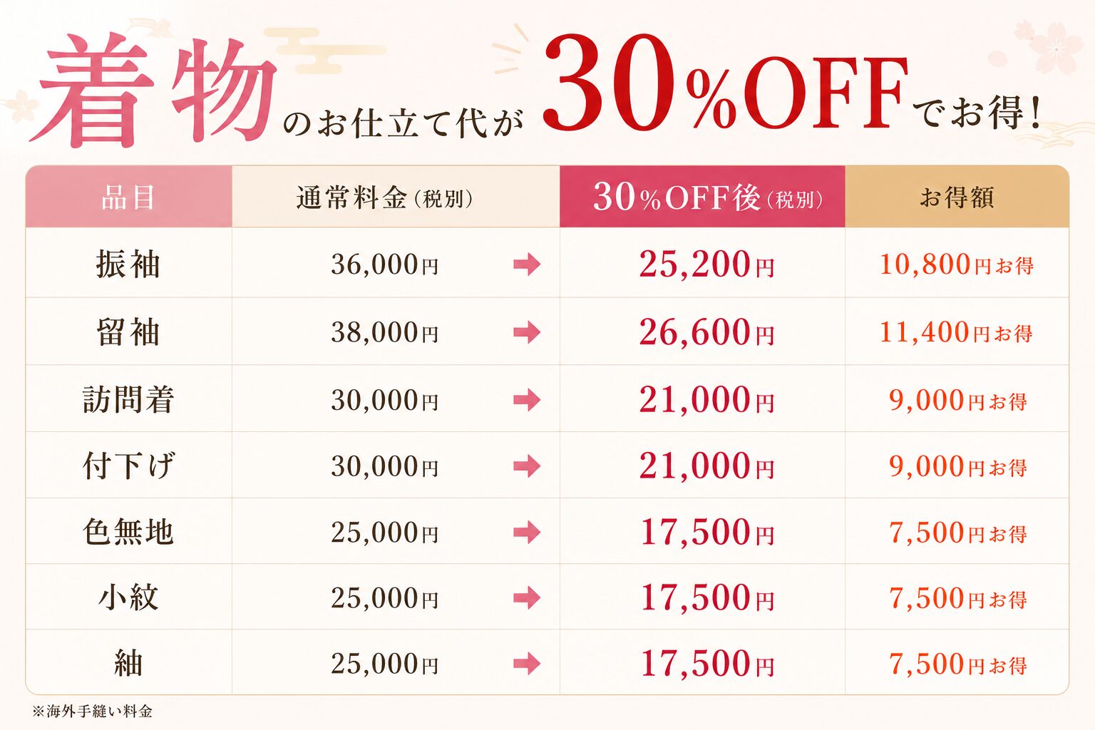 お仕立て代30%OFFバナー